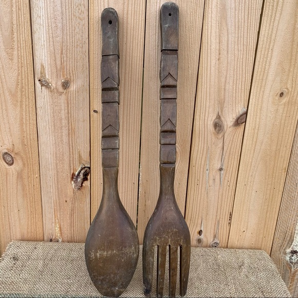 Vintage Large Carved Wooden Fork Spoon Tiki Totem